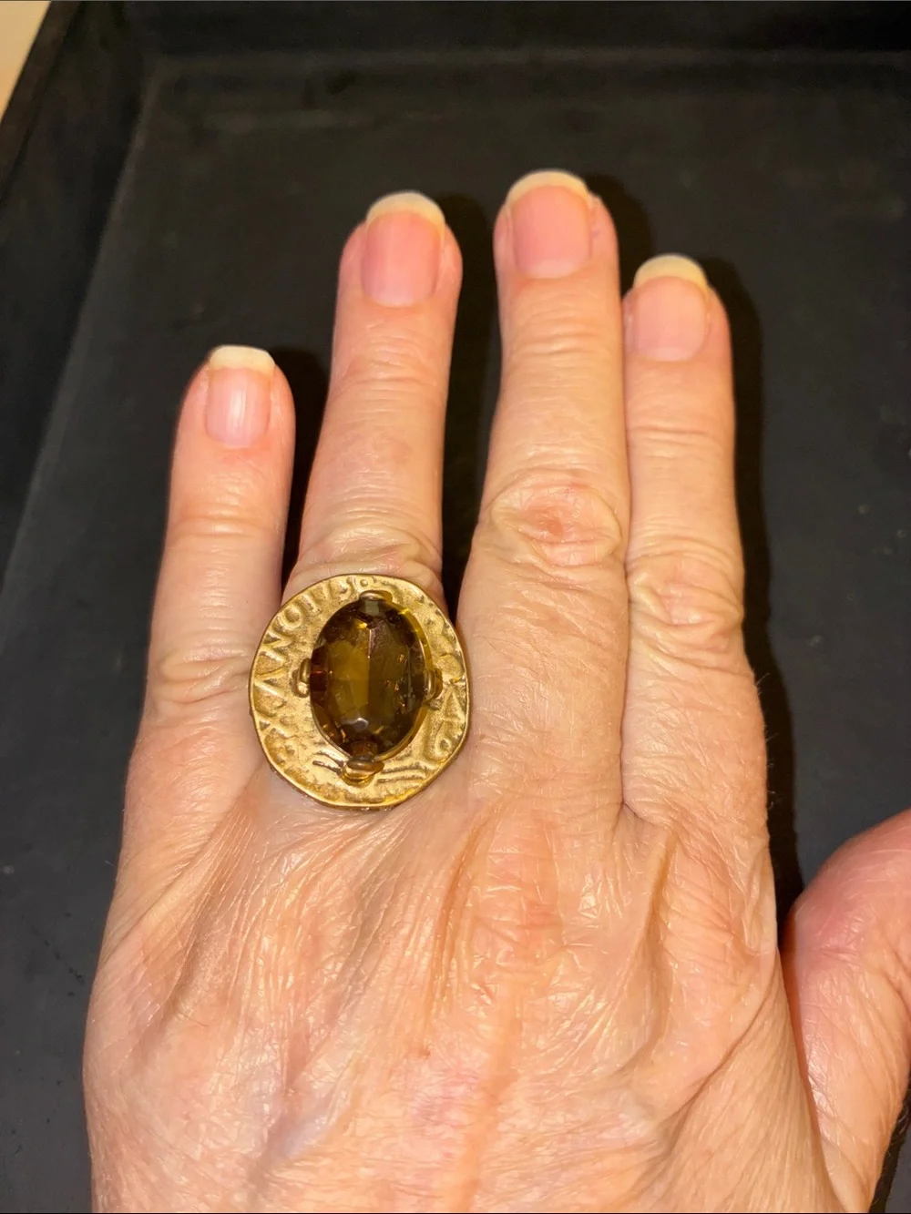Gold-Tone Stretch Ring with Amber Brown Stone